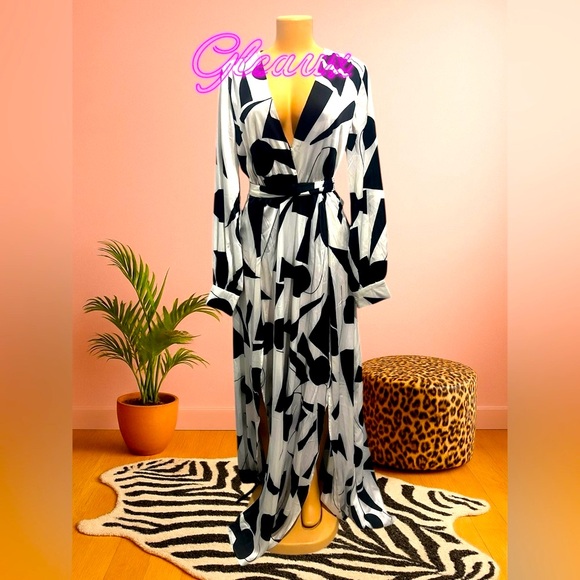 Fashion Nova Dresses & Skirts - Bold Black & White Satin Maxi Dress | Deep V, Slits, Built-in Bodysuit | XL